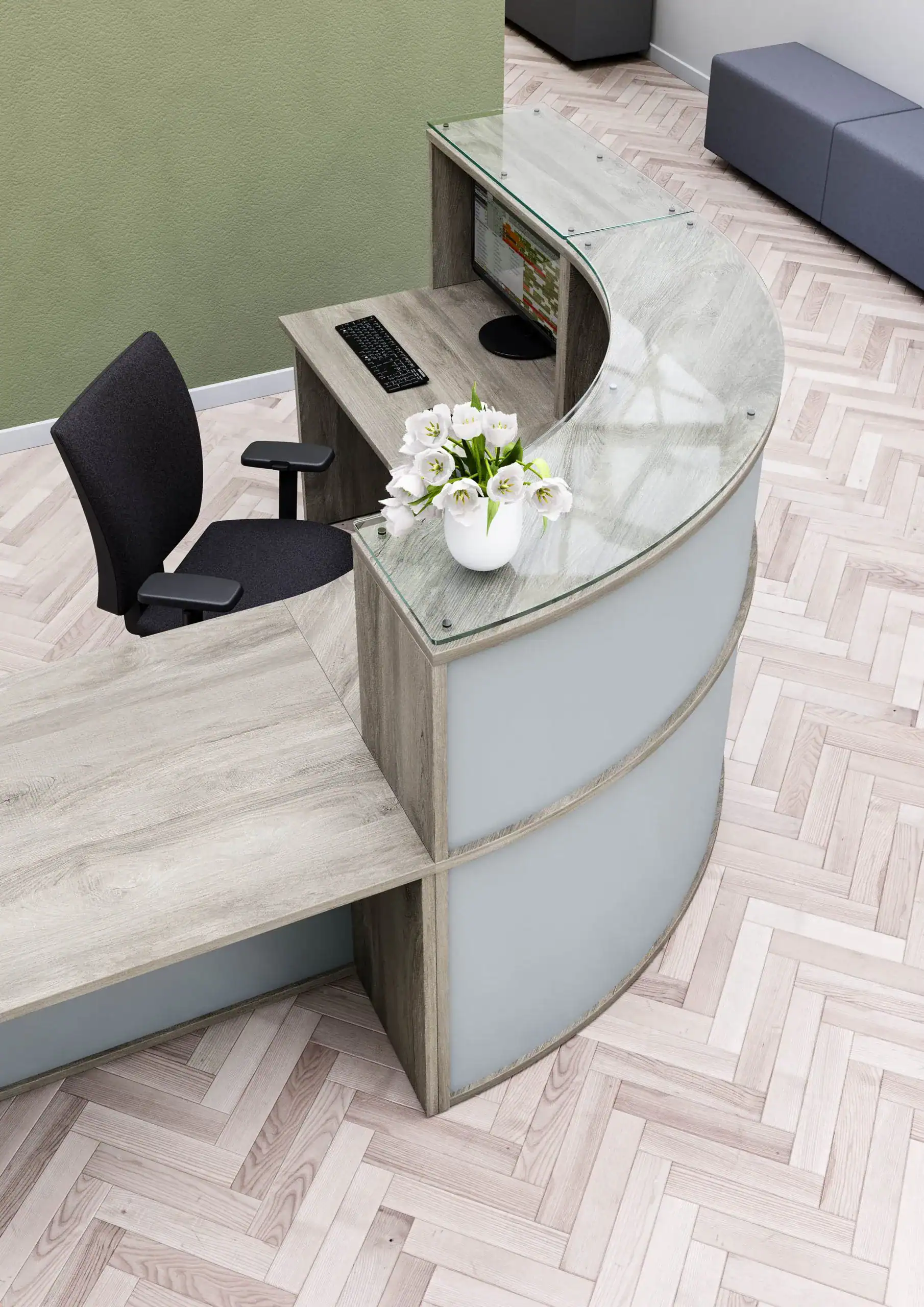 white curved reception with light wood framing and sides, with glass top