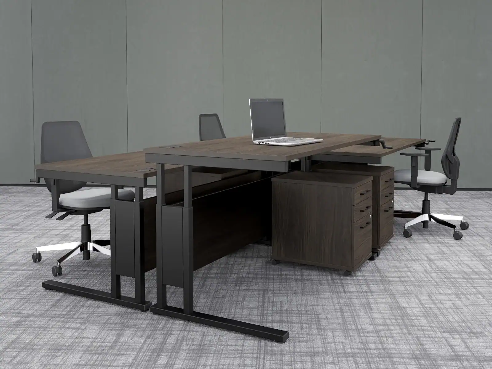 brown height adjustable desks, black legs and brown pedestals, black and white chairs