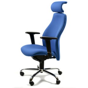 high back task chair with headrest with blue fabric and adjustable arms