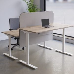 height adjustable desk, light wood top and white legs