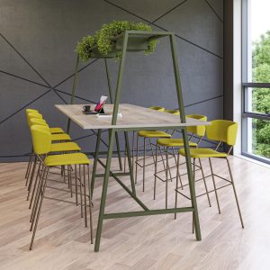 light wood topped A frame table in green, with biophilic top with yellow seat style stools
