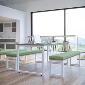 table with hoop legs, light wood top and same style bench seats with green fabric top