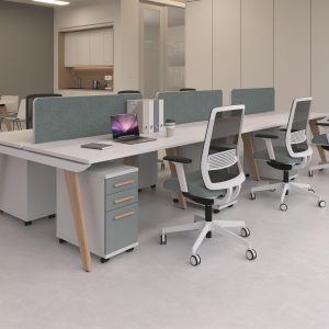stylish white bench desking with grey panels and front draw faces on pedestals
