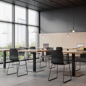 multiple tables with black malmo chairs