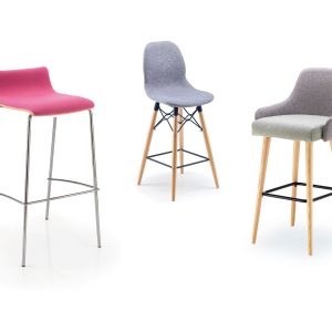 pink stool on metal legs, grey and upholstered stools on wooden legs