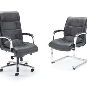 2 black leather panel seats with chrome hoop arms with pad on top