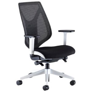 black mesh back with black seat pad, white trim, black arm top