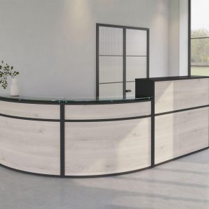 curved light wood colour, with dark framing and top, light wall and door with dark framing in background