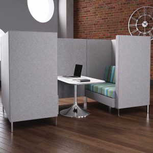 comfy table and bench seats in a room